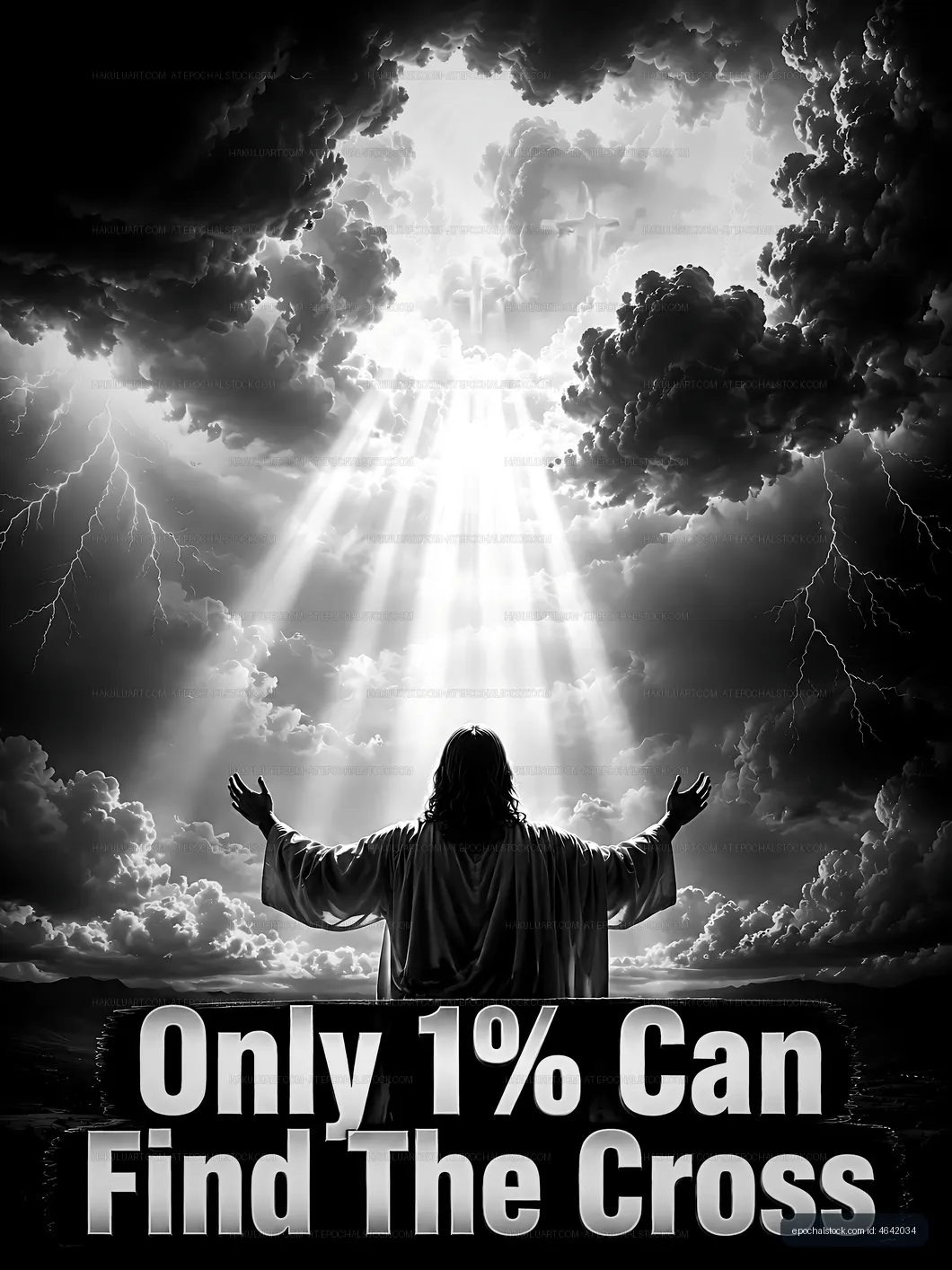 Light shines down on figure with outstretched arms in stormy sky