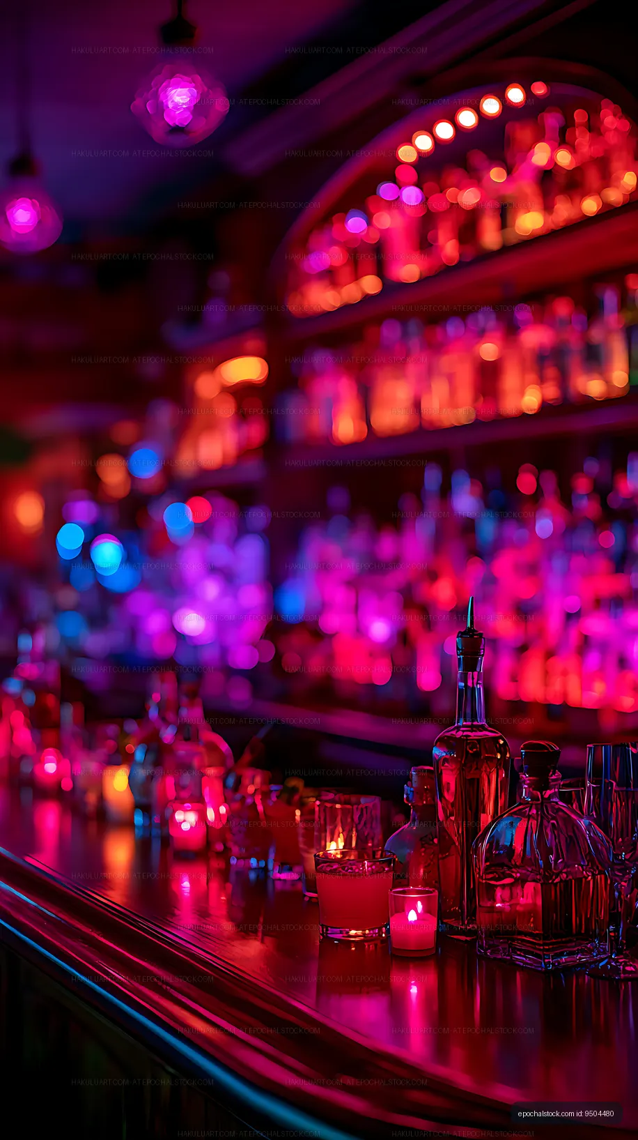 Abstract colorful bar interior with glowing bottles