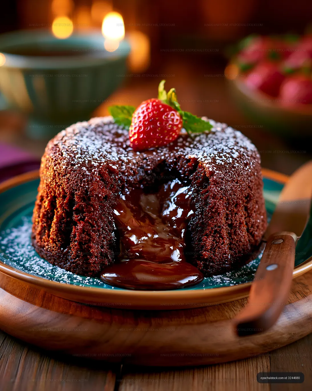 Chocolate lava cake with flowing center and strawberry