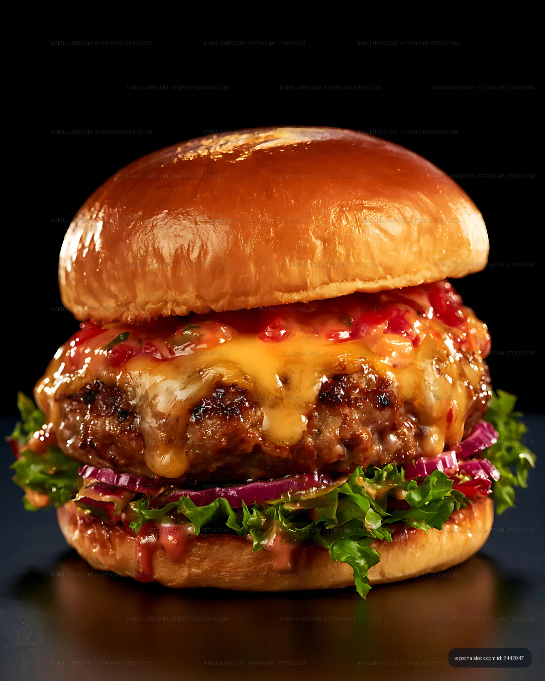 Juicy cheeseburger with melted cheese and vegetables