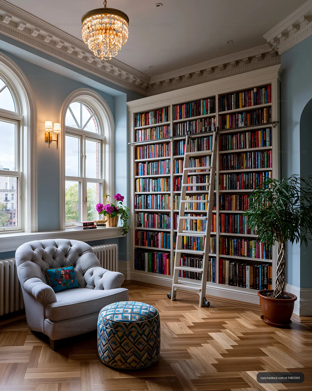 Classic Library Interior with Books, Ladder, and Armchair