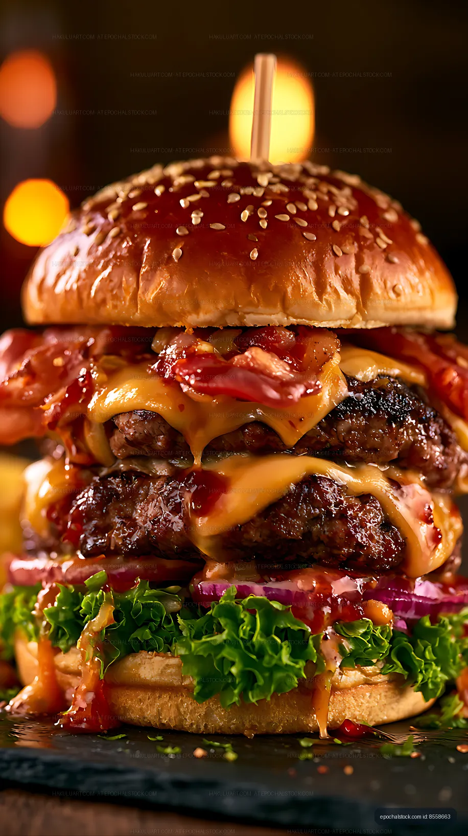 Double cheeseburger with sesame bun and colorful toppings