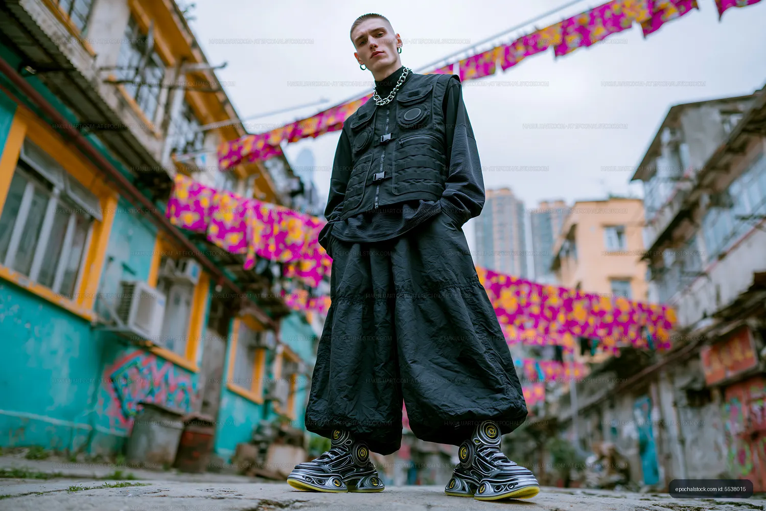 Low angle street fashion portrait with colorful urban backdrop