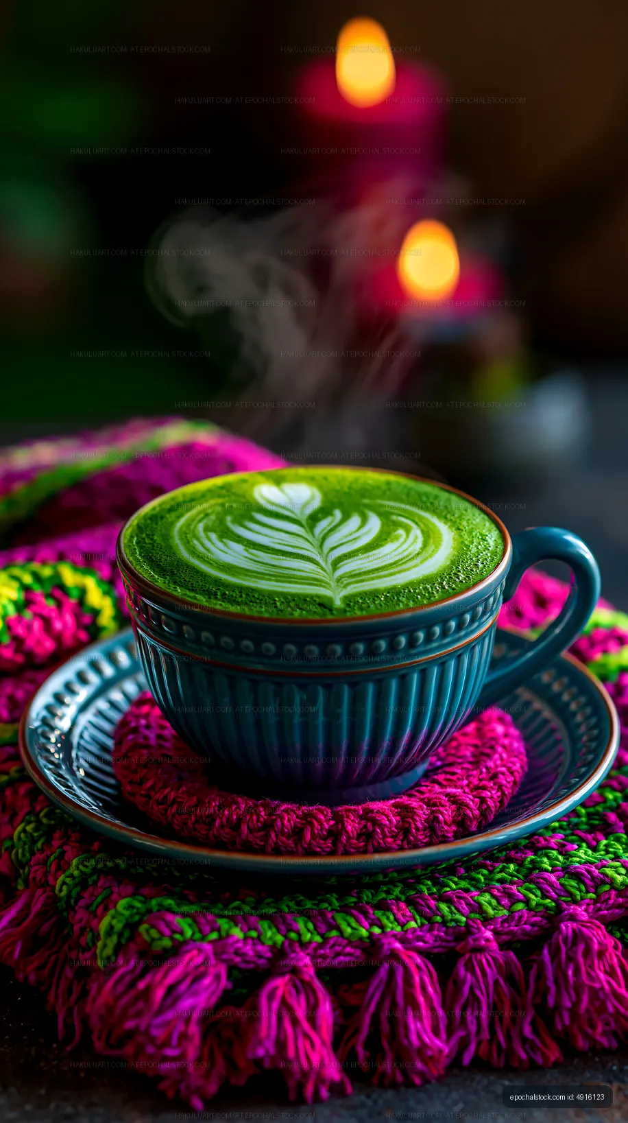 Vivid matcha latte with decorative foam art and candlelight