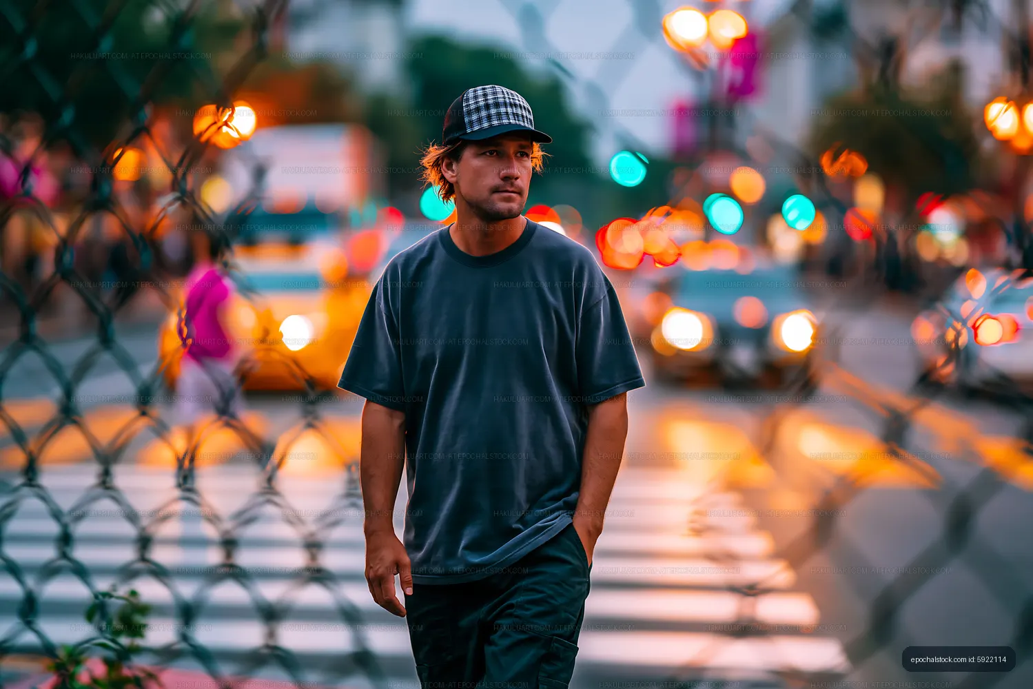 Portrait of a man amid colorful city lights