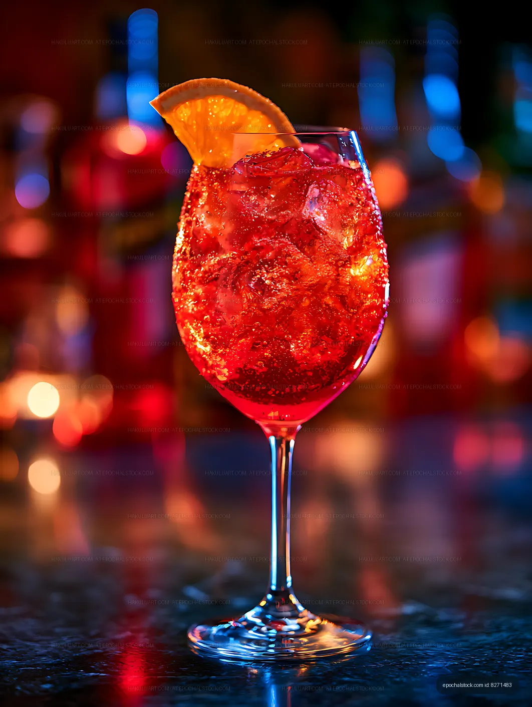 Red citrus drink with orange garnish against colorful blurred lights