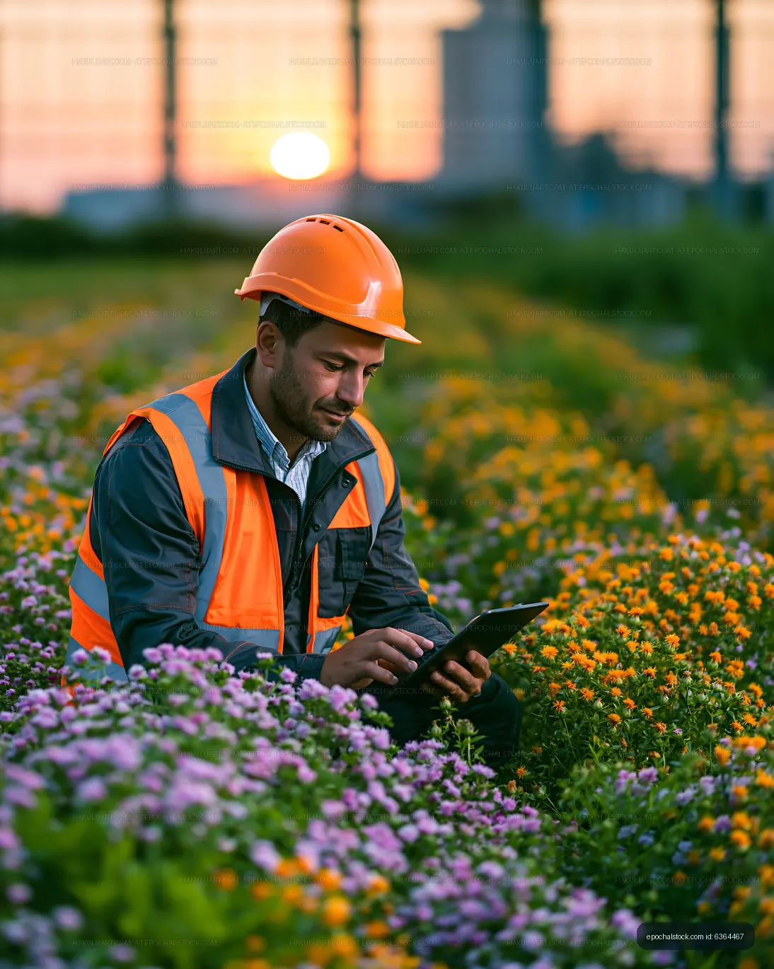 Safety-clad worker checking a tablet among colorful flowers