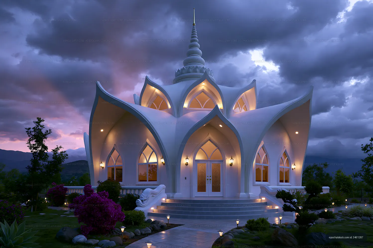 Elegant illuminated building under a dramatic twilight sky