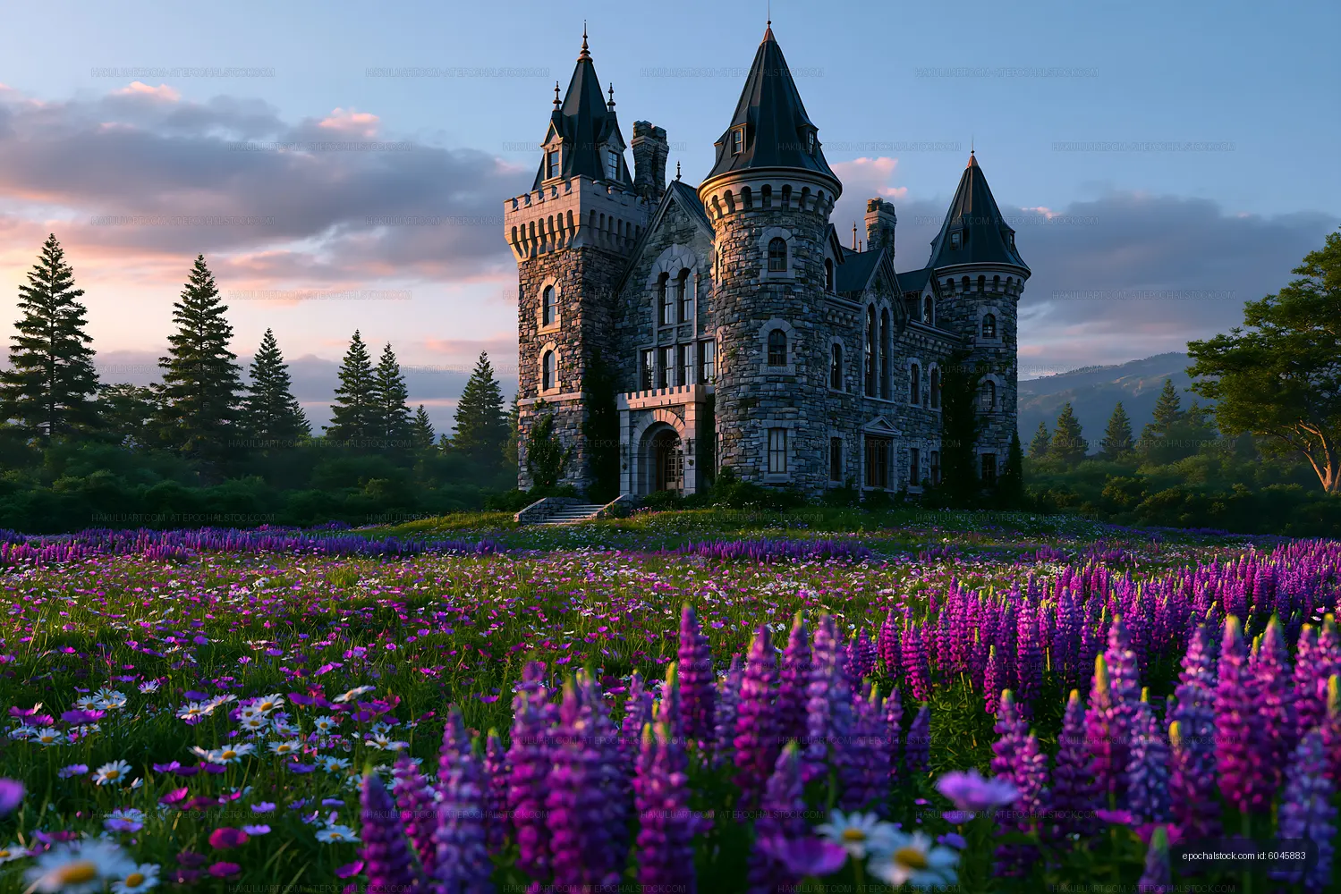 Stone castle and purple wildflowers under a sunset sky