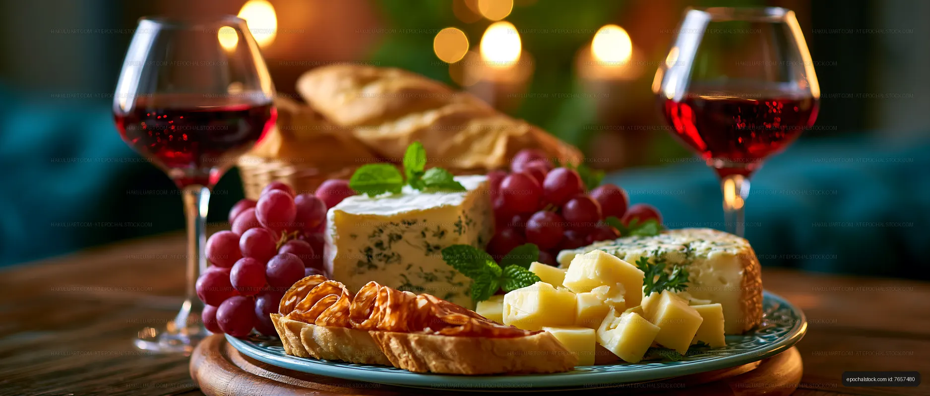Assorted cheeses and red wine in warm evening light