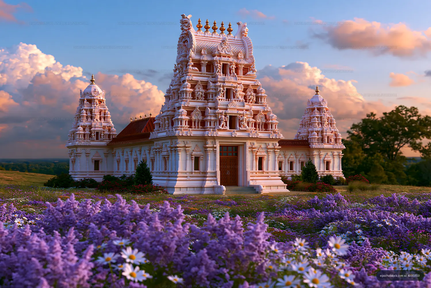 Ornate temple surrounded by flowers at sunset