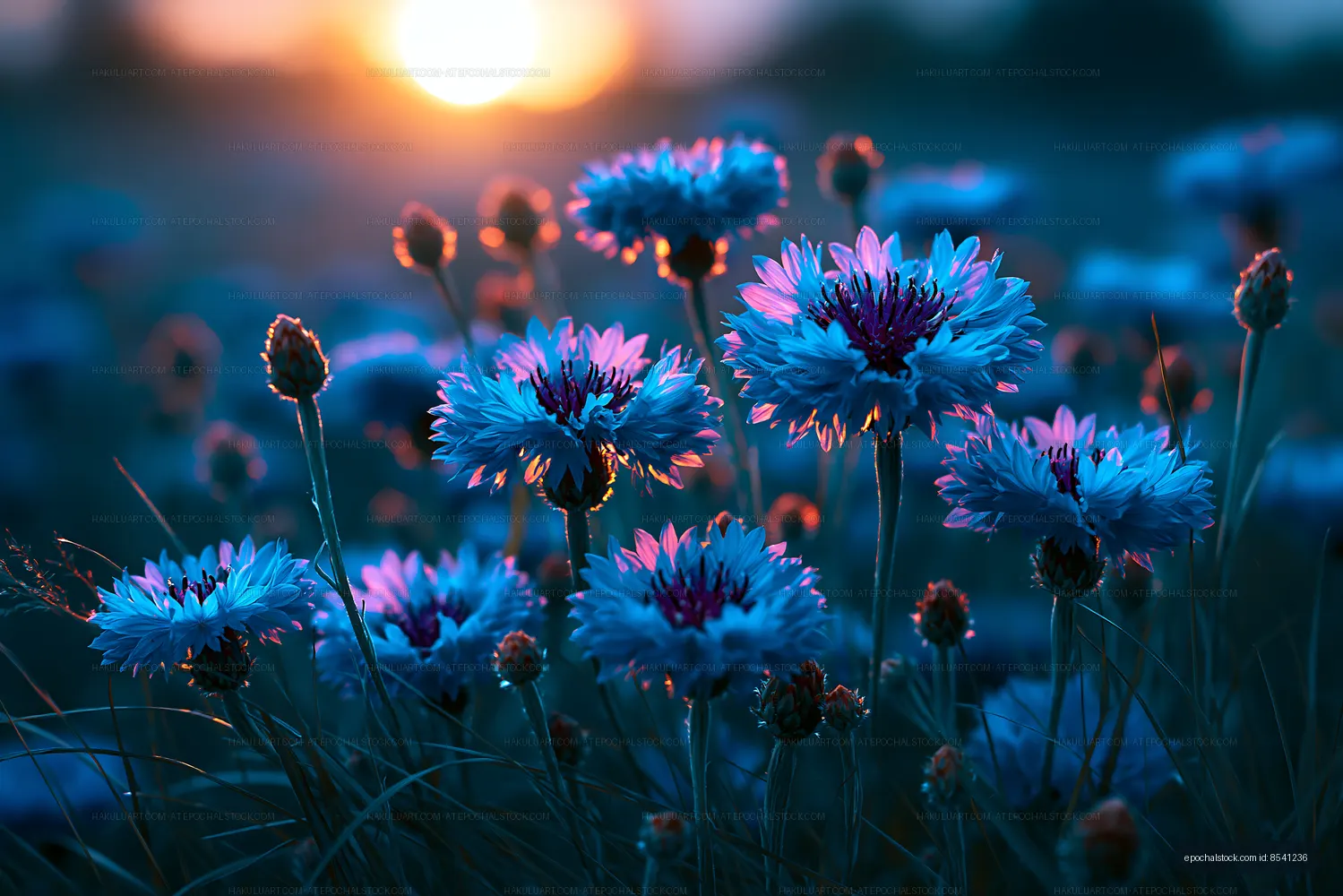 Sunset over blue flowers in a field with soft lighting