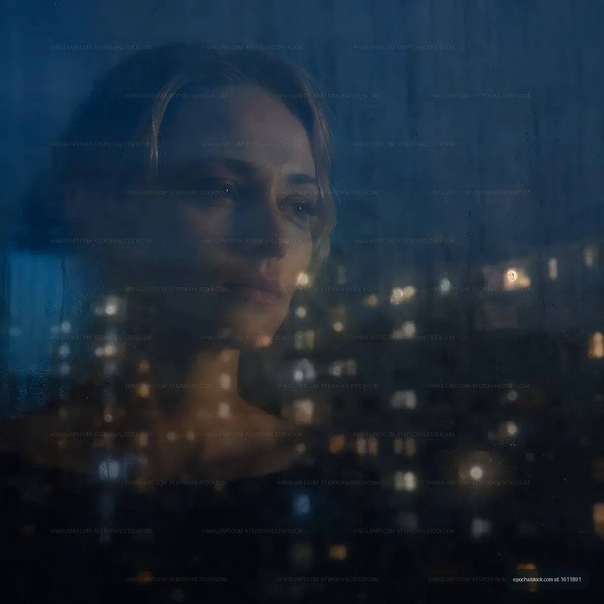 Looking through a rainy window at city lights at night
