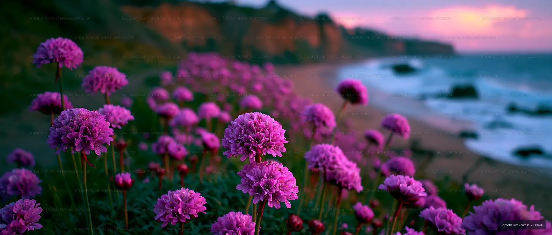 Vibrant flowers blooming along the beach at sunset