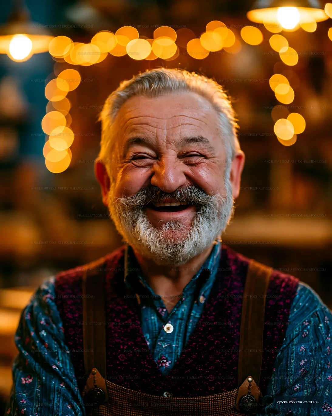 Smiling elderly man in a workshop with warm lights in background