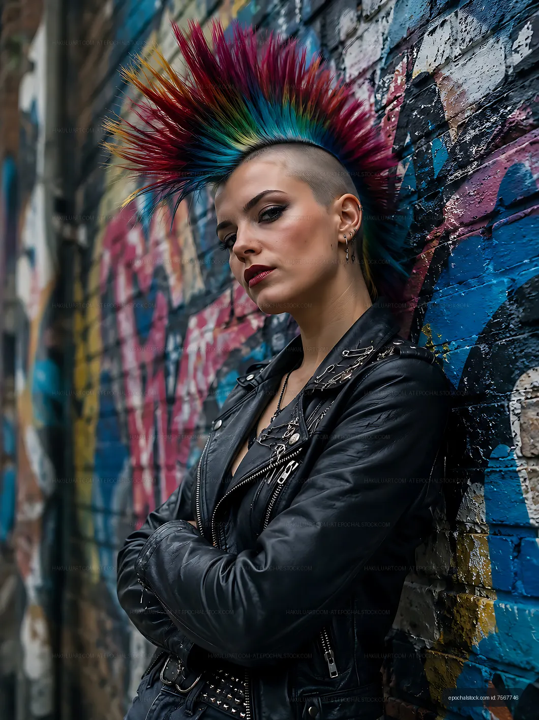 Woman with colorful mohawk hairstyle poses against graffiti wall