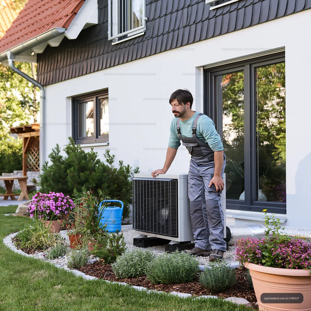 Man performing maintenance on air conditioning unit outside home