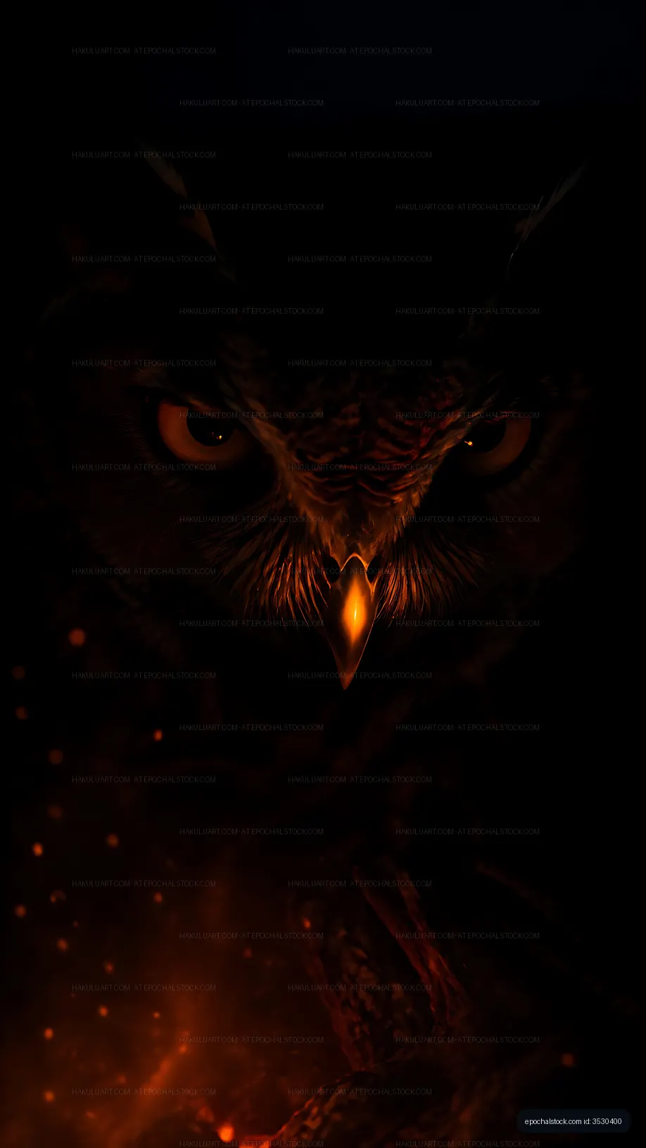 Owl with glowing eyes in dark setting