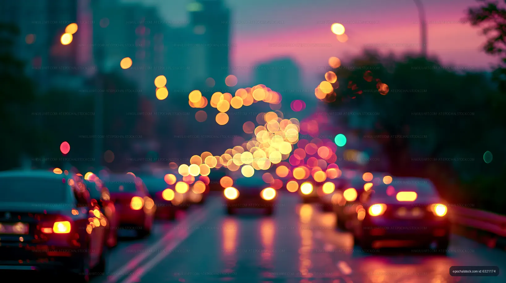 Traffic at night with bokeh lights in a city