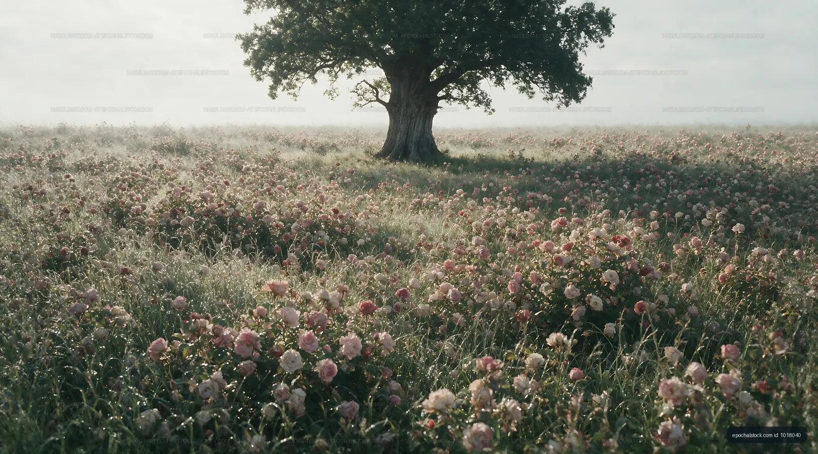 Blooming flowers in open field with large tree at sunrise