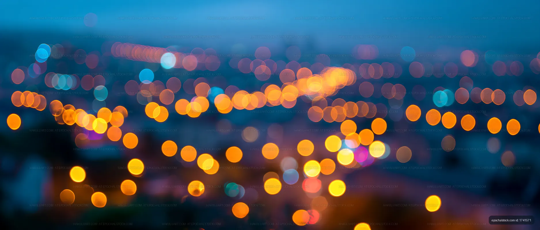 City skyline with bokeh lights at night during twilight