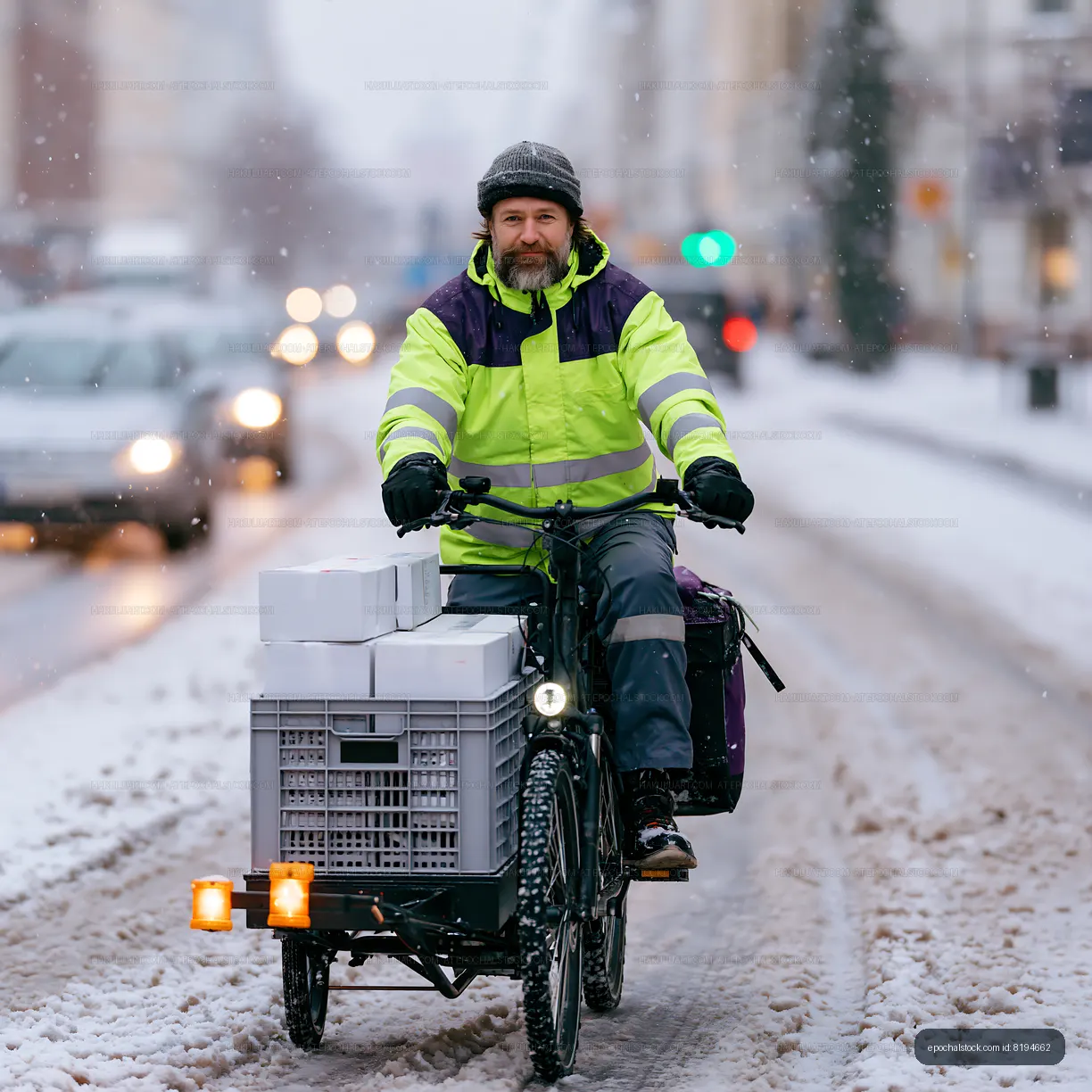 Delivery rider on bicycle in snow during winter