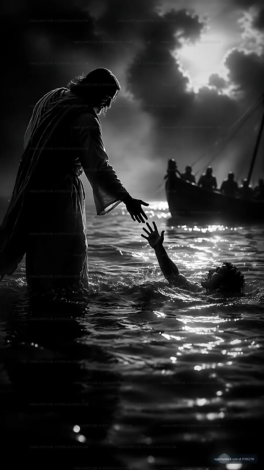 Jesus reaches out to help a man in dark waters