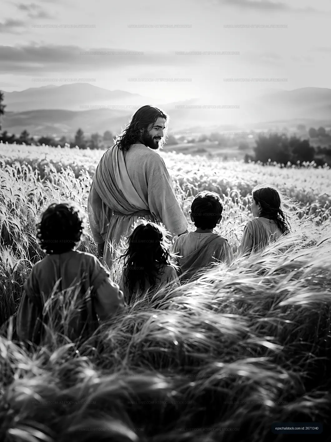 Jesus walks with children in a field at sunset