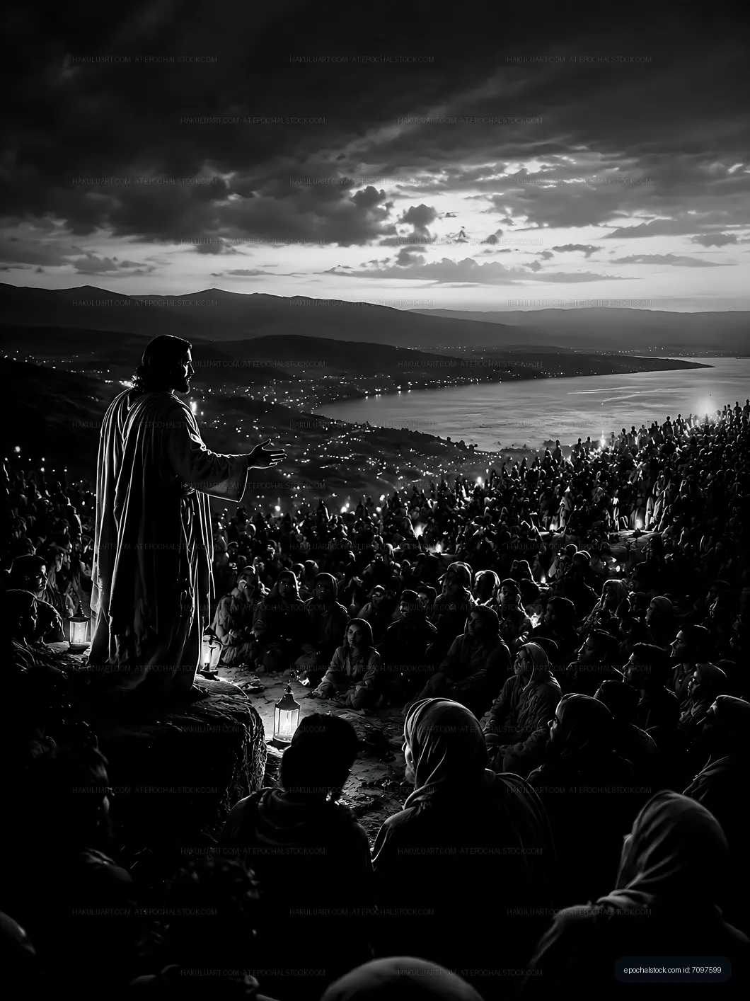 Crowd listens to a figure speaking at sunset near a lake