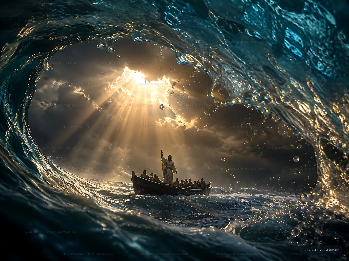 Baptism scene with figures in a boat during stormy weather