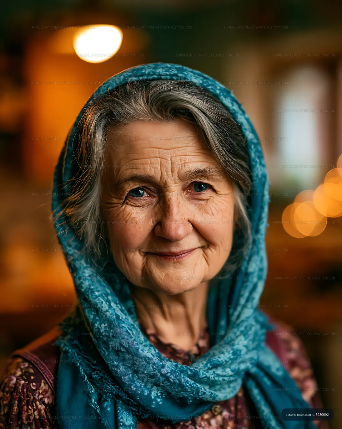 Woman with a blue scarf smiling in a cozy indoor setting