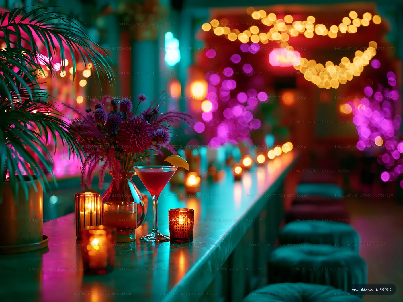 Colorful bar scene with drinks and lights in nightlife setting