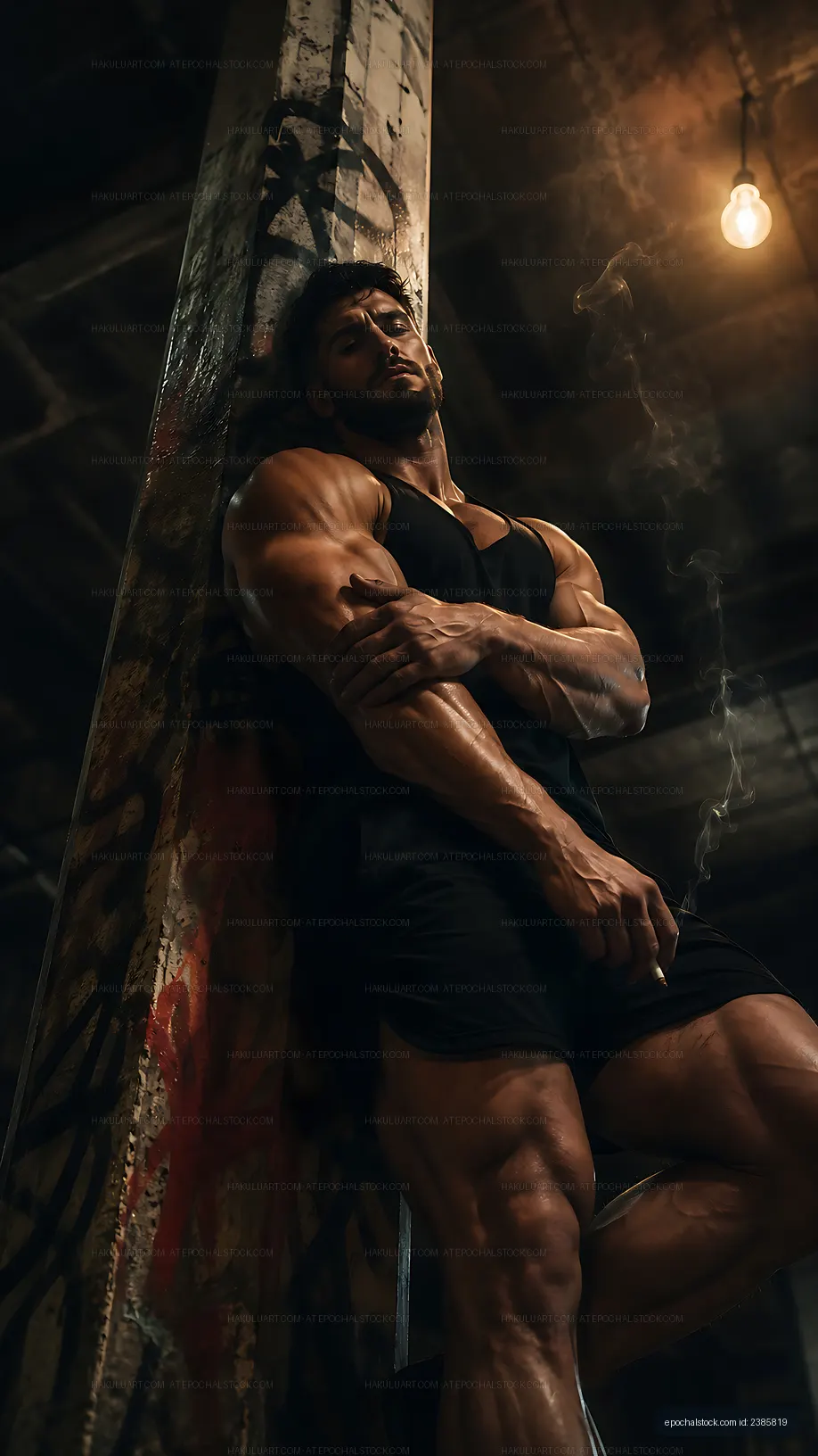 Muscular man posing in an industrial gym setting