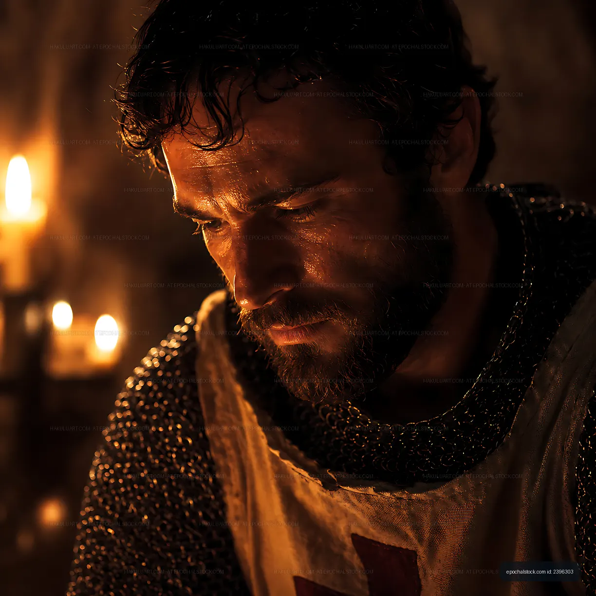 Man in medieval armor looks serious in candlelit setting