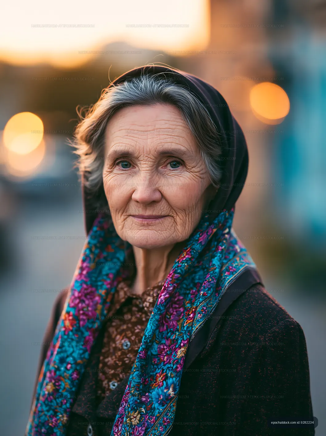 Elderly woman in headscarf stands outdoors at sunset