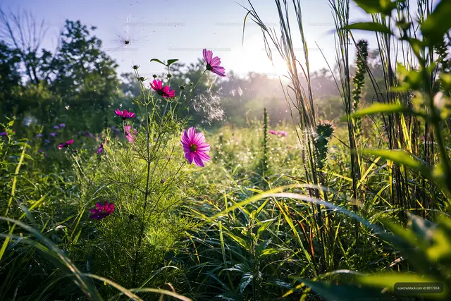 Wildflowers blooming in a sunny field at dawn