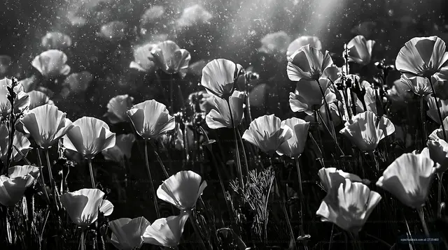 Black and white flowers in a field with sunlight shining through