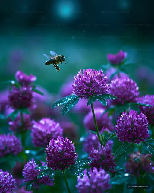 Bee hovering over purple clover flowers in a garden
