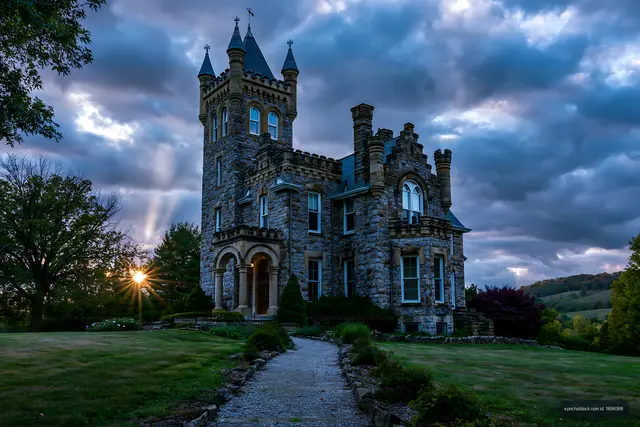 Historic stone mansion at sunset with dramatic clouds