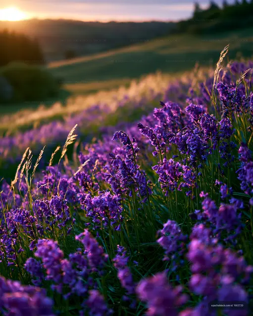 Sunsetting over purple flowers on a hillside