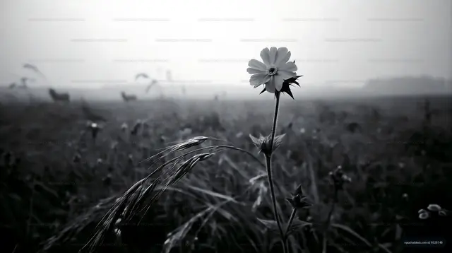 Black and white flower in a field with grazing cows in background