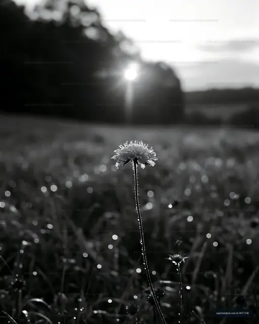 Flower in a field at sunset in black and white