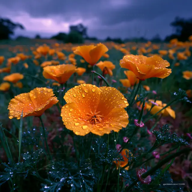Bright orange flowers with water droplets in a lush green field