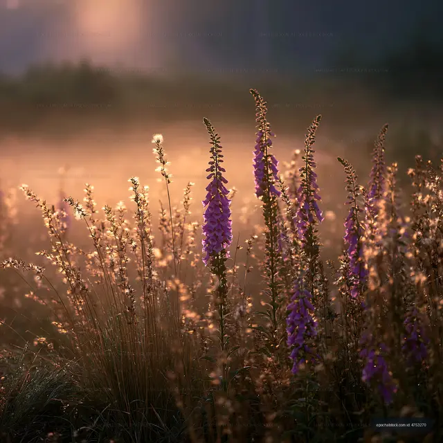 Morning light on wildflowers in a misty field