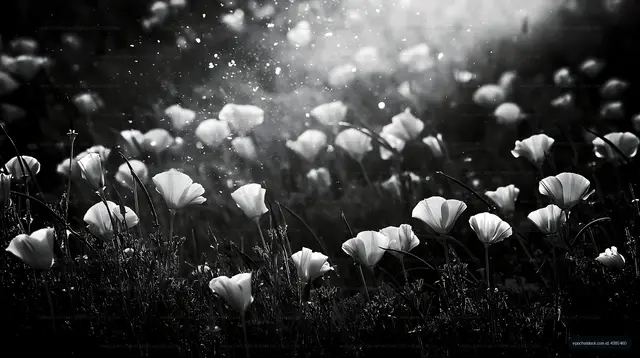 White flowers in a field with sunlight and dust particles