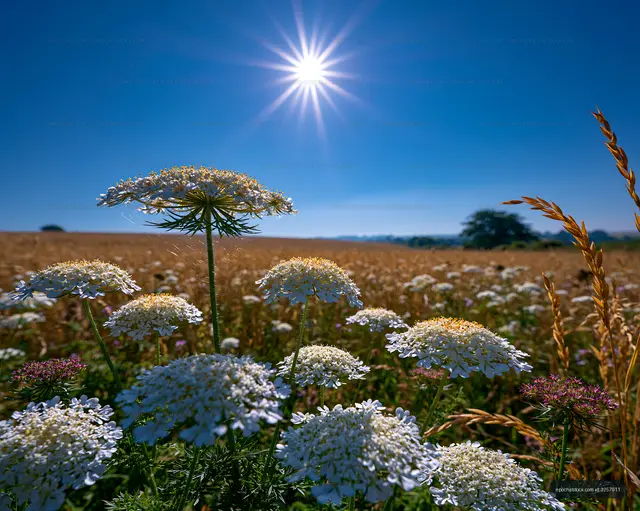 Sun shining over a field of white flowers and golden grass