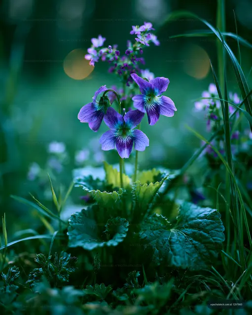 Violets bloom in a forest during spring at dusk