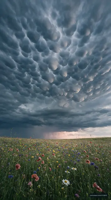 Mammatus clouds over a colorful wildflower field in spring