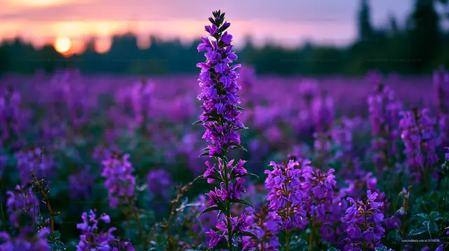 Purple flowers blooming in a field during sunset