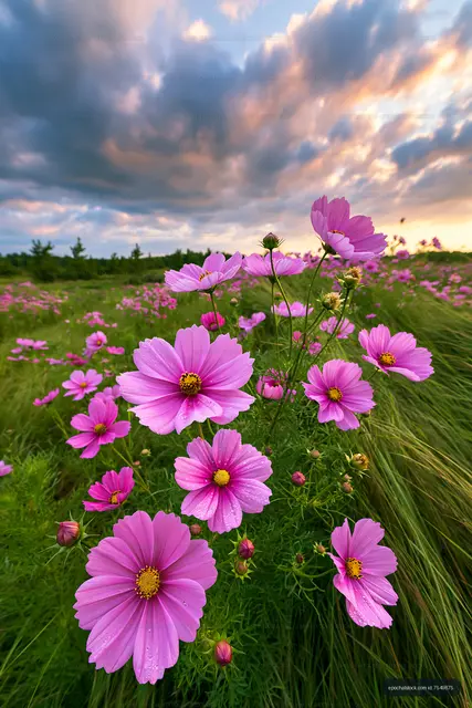 Pink flowers in a field under a cloudy sky at sunset